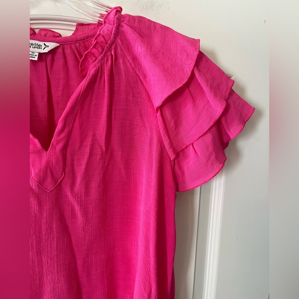 Nanette Lepore Fuchsia Ruffle Sleeve Blouse Women’s Size Medium - Picture 9 of 16